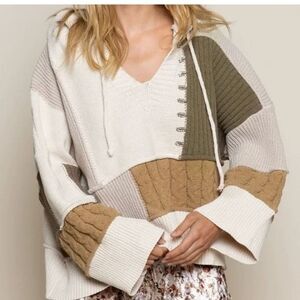 POL Women's Patchwork Hooded Pullover Sweater Multicolor Size S